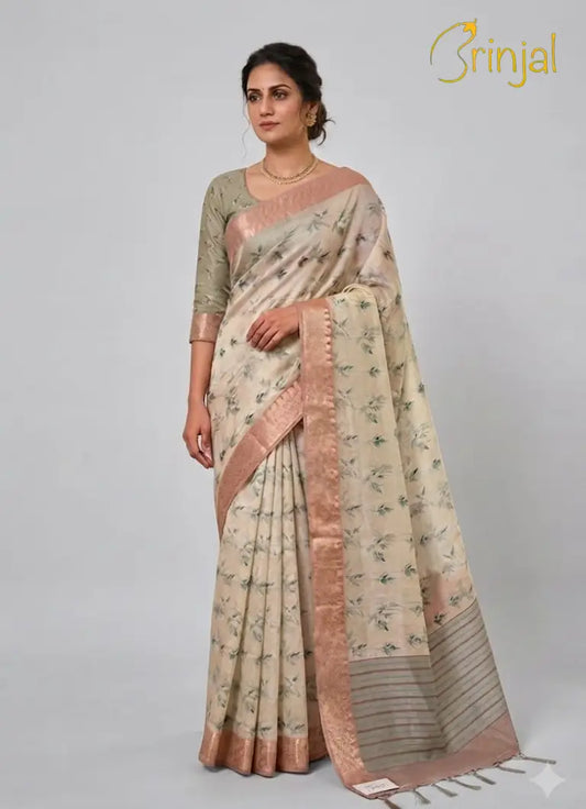 Off-White & Mint Green Linen Slub Saree with Gold Zari Border