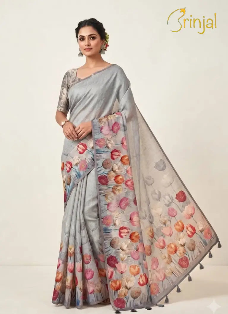 Sage Green Chanderi Tussar Floral Saree