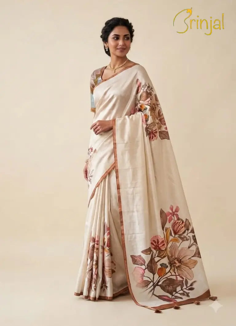 Floral Printed Tussar Silk Saree