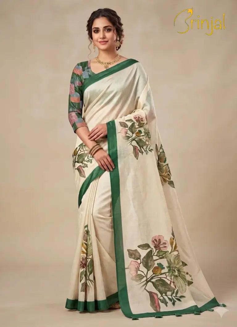 Floral Printed Tussar Silk Saree