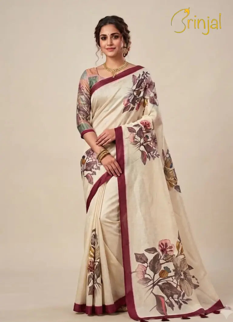 Floral Printed Tussar Silk Saree