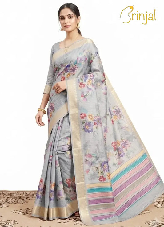 Floral Brinjal Tussar Silk Saree