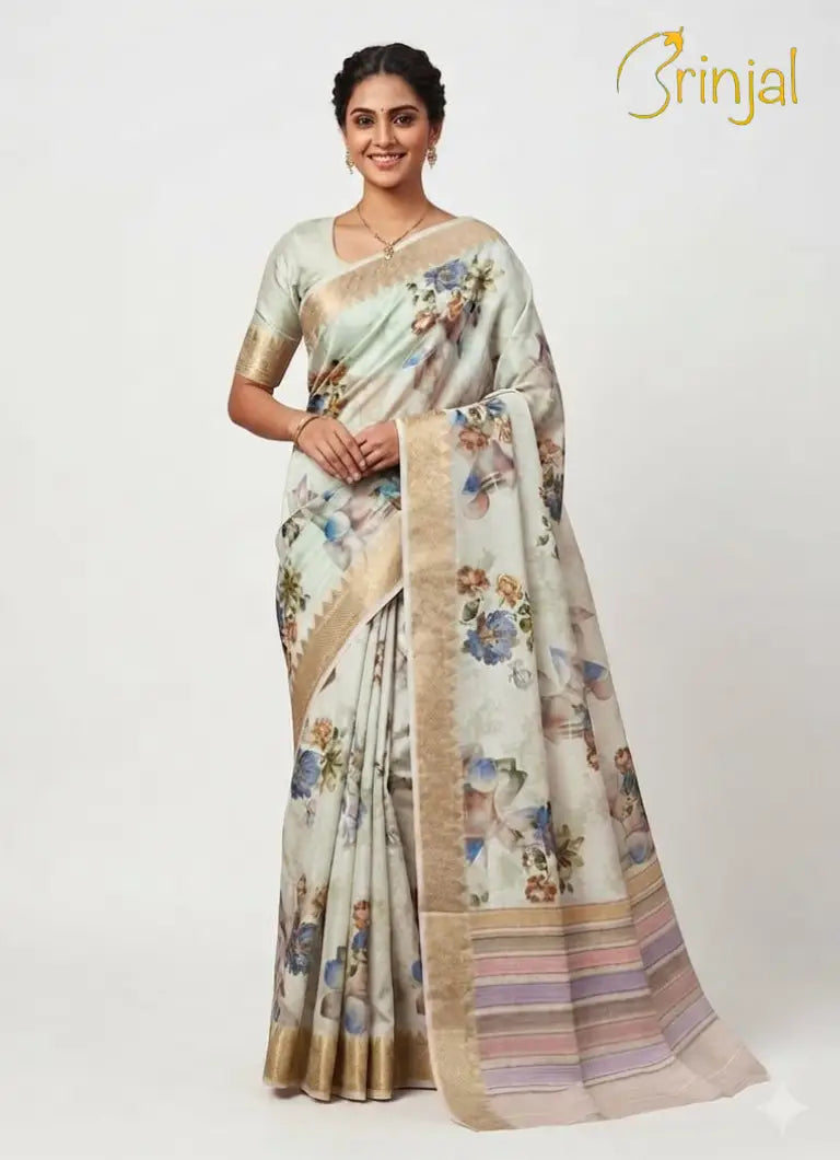 Floral Brinjal Tussar Silk Saree