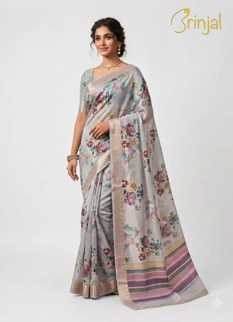 Floral Brinjal Tussar Silk Saree