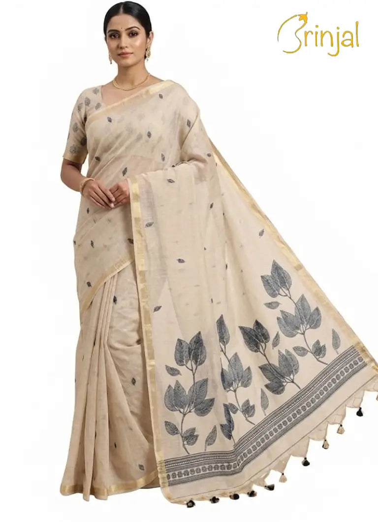 Chanderi Silk Saree in Off-White & Maroon Floral Motif