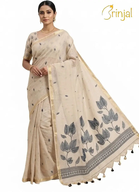 Chanderi Silk Saree in Off-White & Maroon Floral Motif