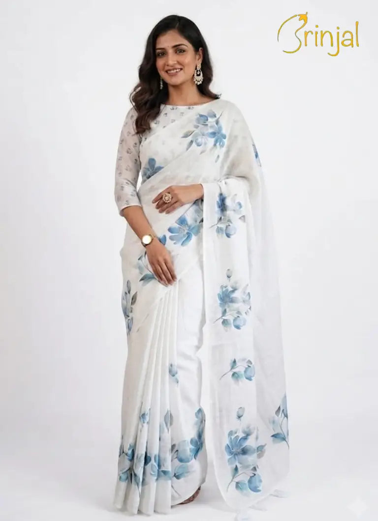 Ivory Floral Chanderi Cotton Saree