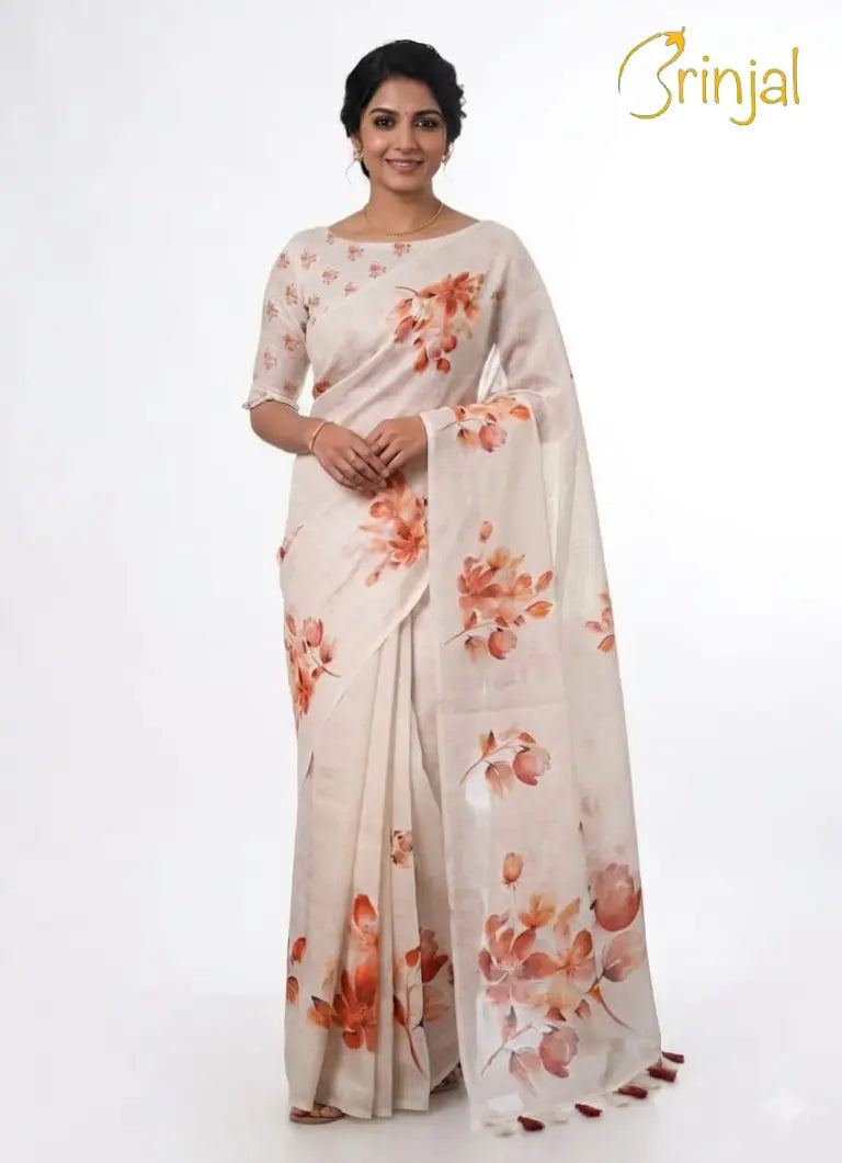 Ivory Floral Chanderi Cotton Saree