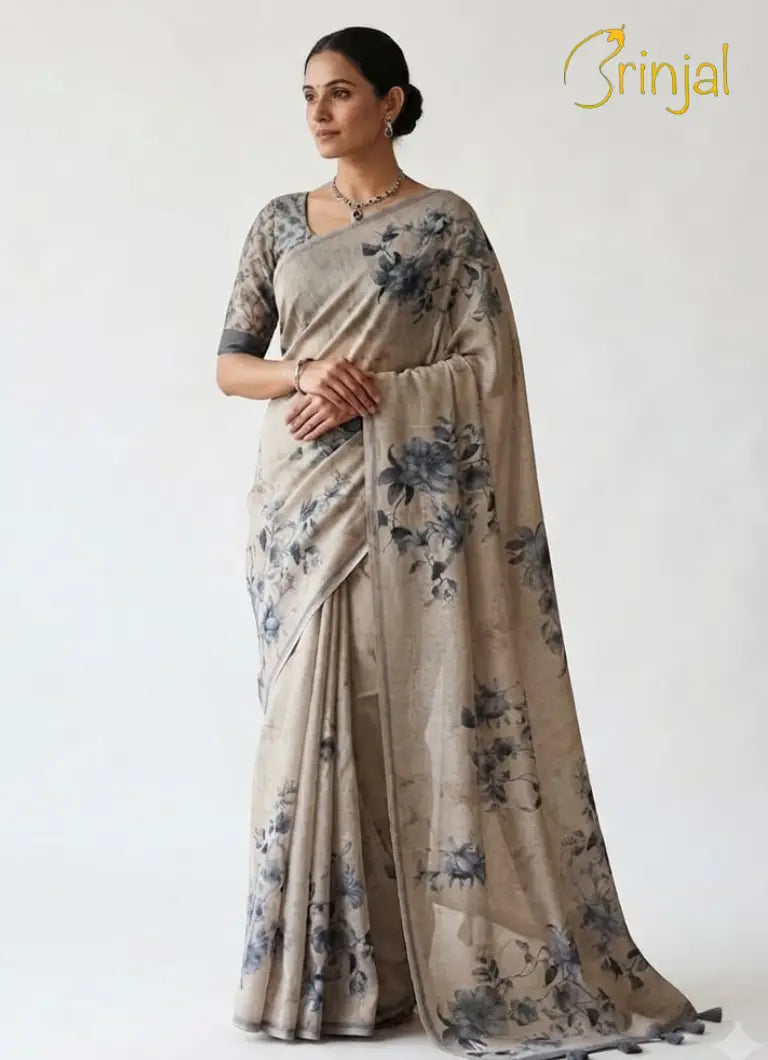 Floral Print Chanderi Cotton Saree - Sky Blue