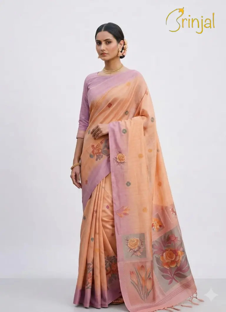 Grey Floral Chanderi Cotton Saree