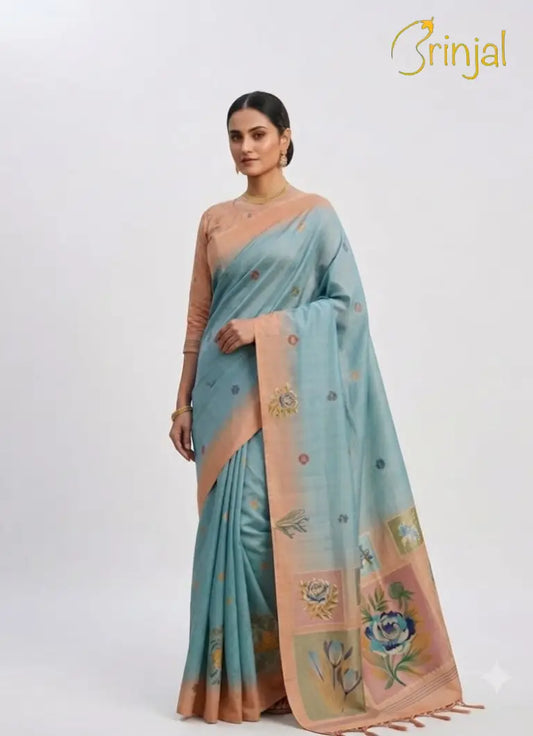 Grey Floral Chanderi Cotton Saree