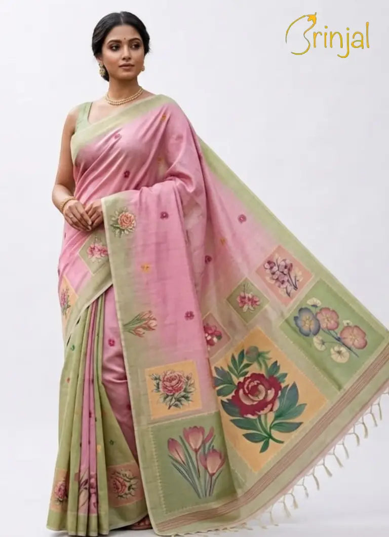 Grey Floral Chanderi Cotton Saree