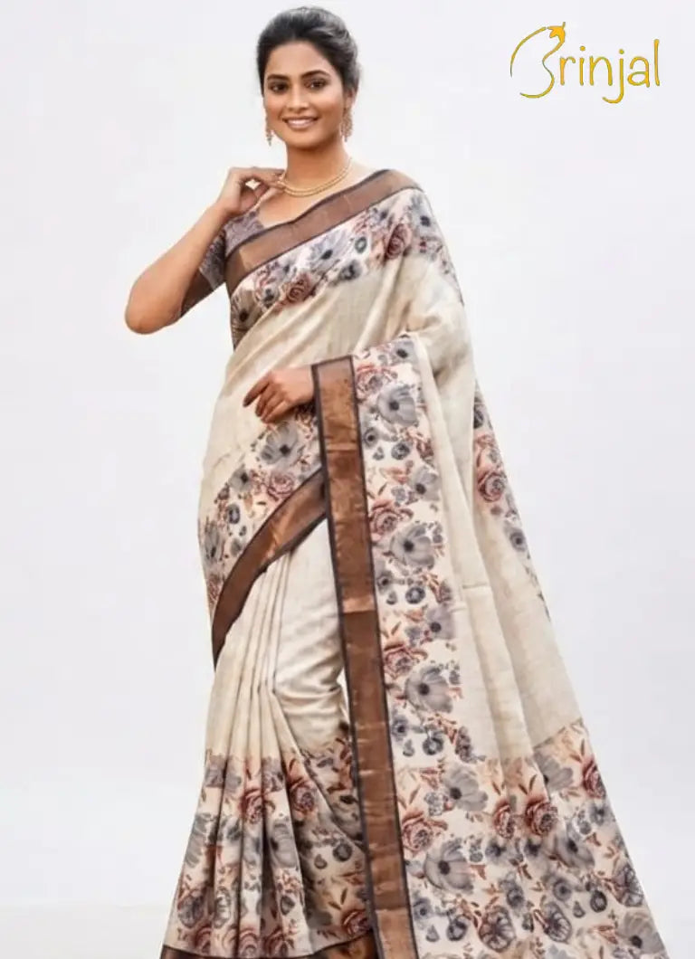 Floral Print Ivory Tussar Saree with Purple Zari Border