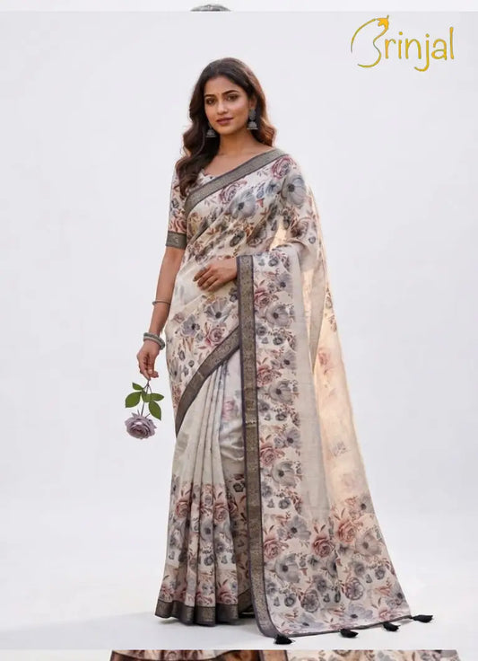 Floral Print Ivory Tussar Saree with Purple Zari Border