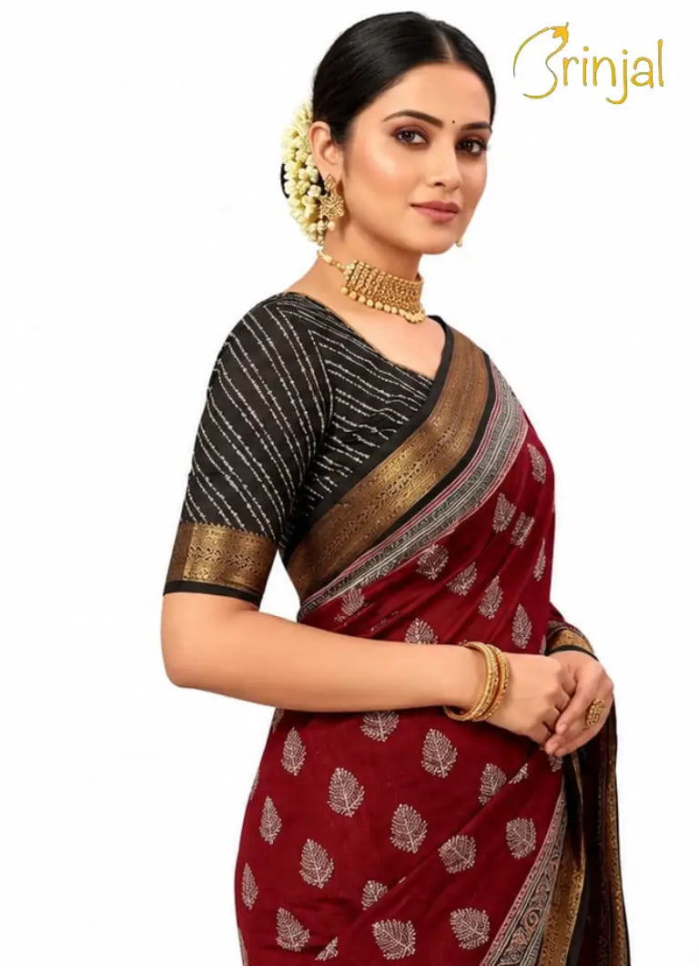 Traditional Maroon Block Print Cotton Saree