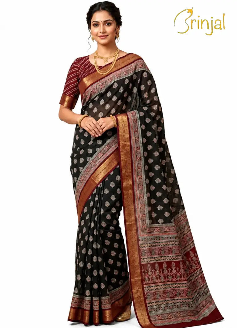 Traditional Maroon Block Print Cotton Saree