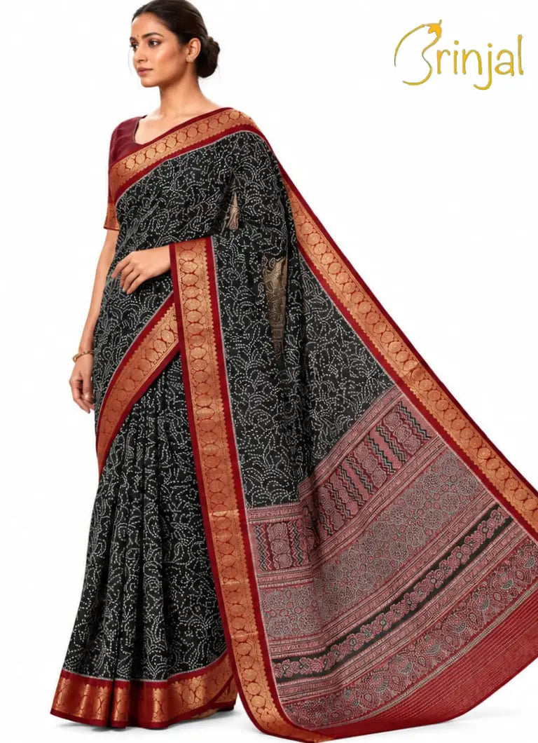 Hand Printed Maroon Cotton Saree