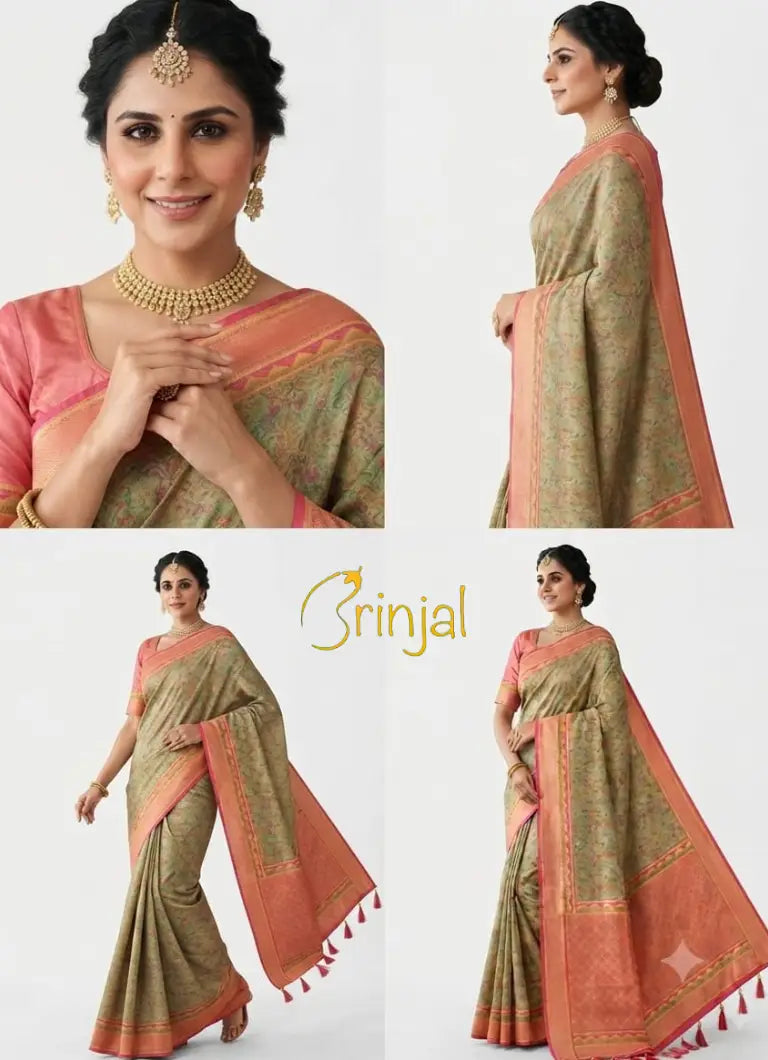 Traditional Floral Printed Silk Saree with zari Border