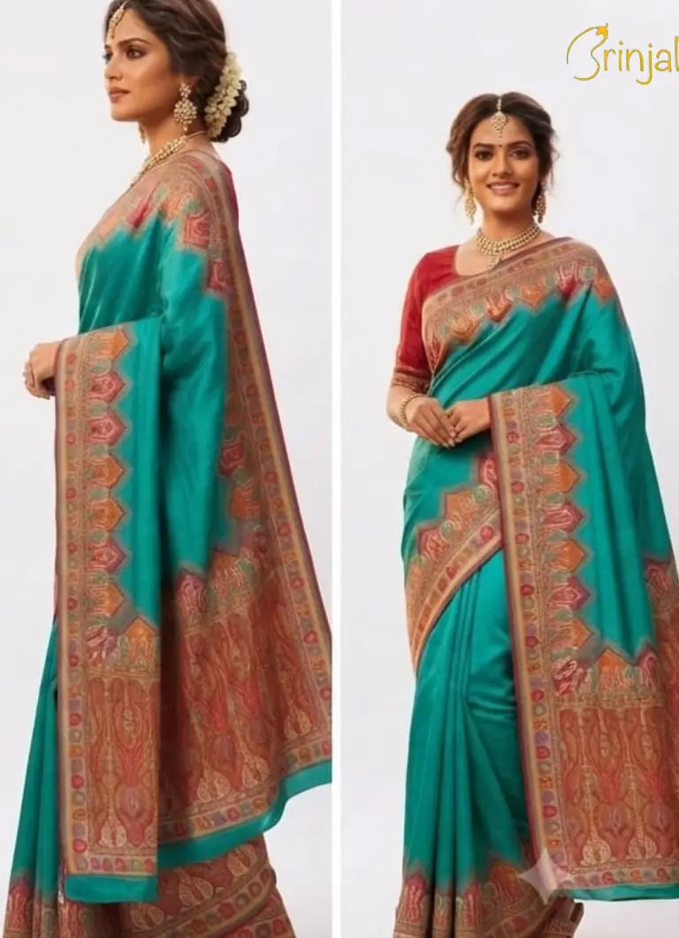 Teal Silk Saree with Kashmiri Kalamkari Border