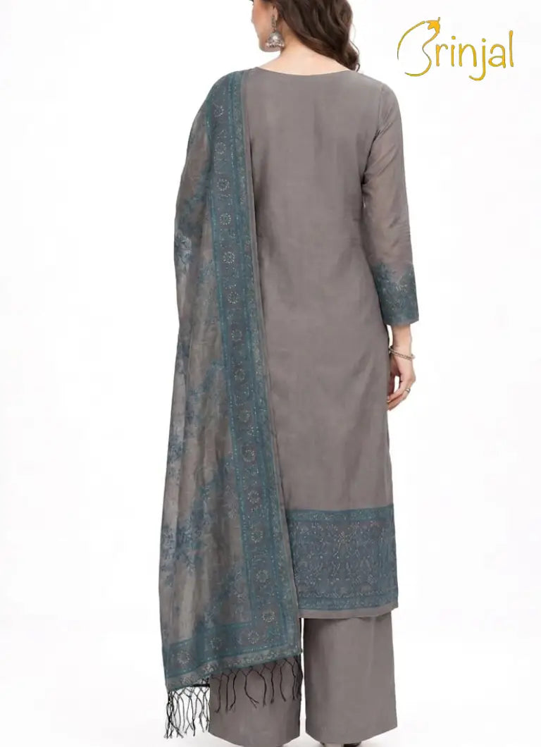 Slate Grey & Teal Woven Chanderi Unstitched Suit Set