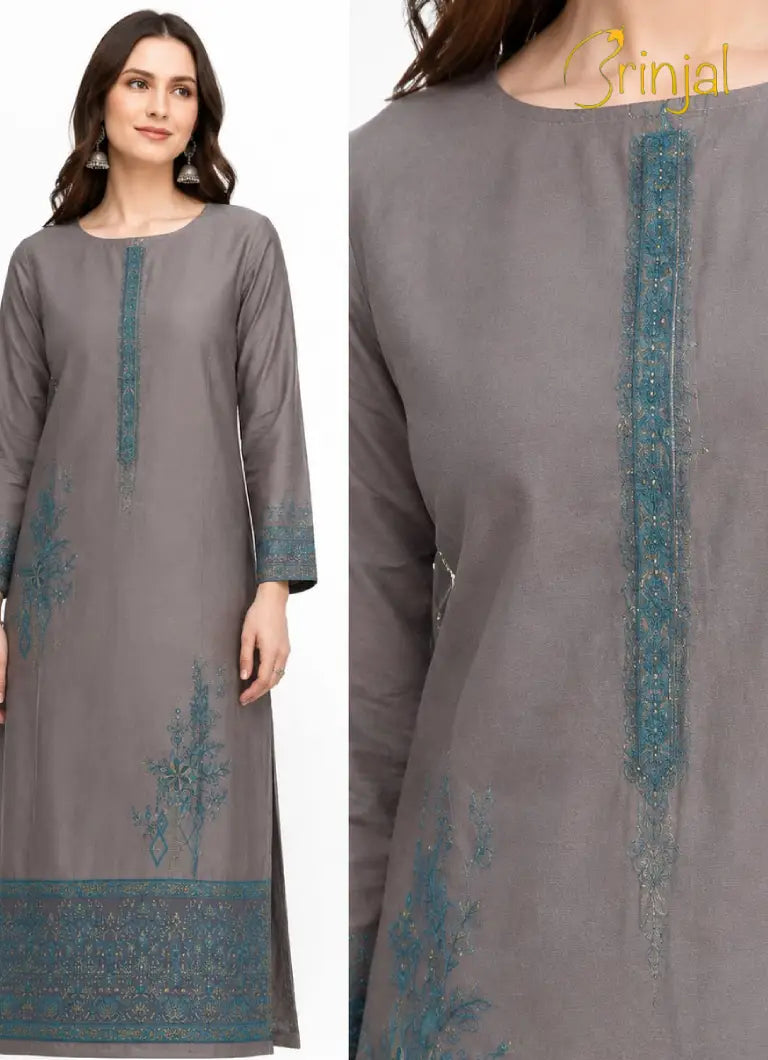 Slate Grey & Teal Woven Chanderi Unstitched Suit Set