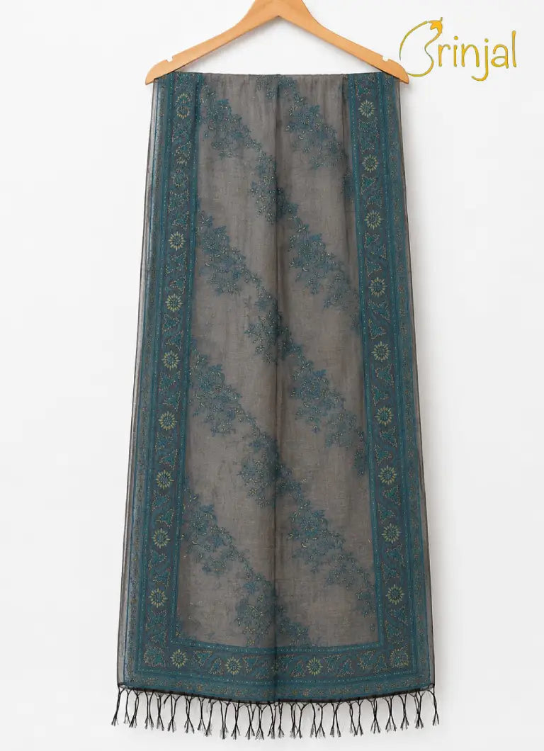 Slate Grey & Teal Woven Chanderi Unstitched Suit Set