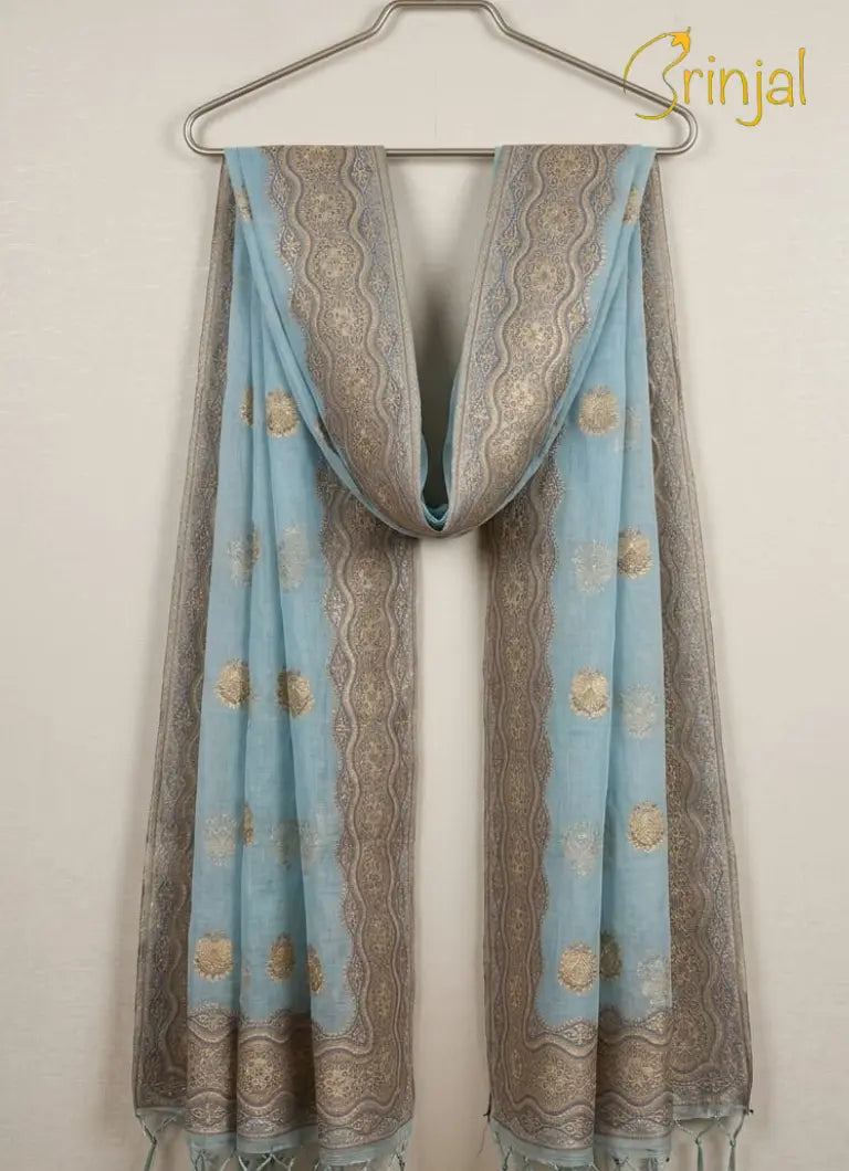 Brinjal Powder Blue Embroidered Cotton Silk 3-Piece Suit