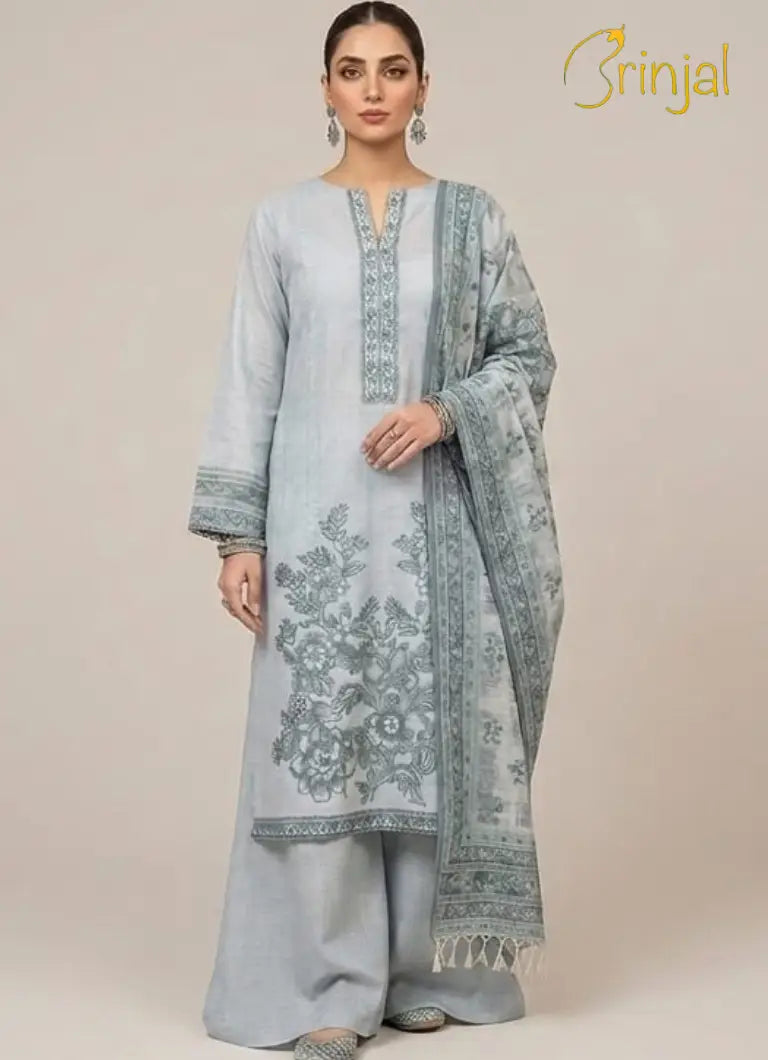 Woven Cotton Silk Suit Set in Dusty Blue