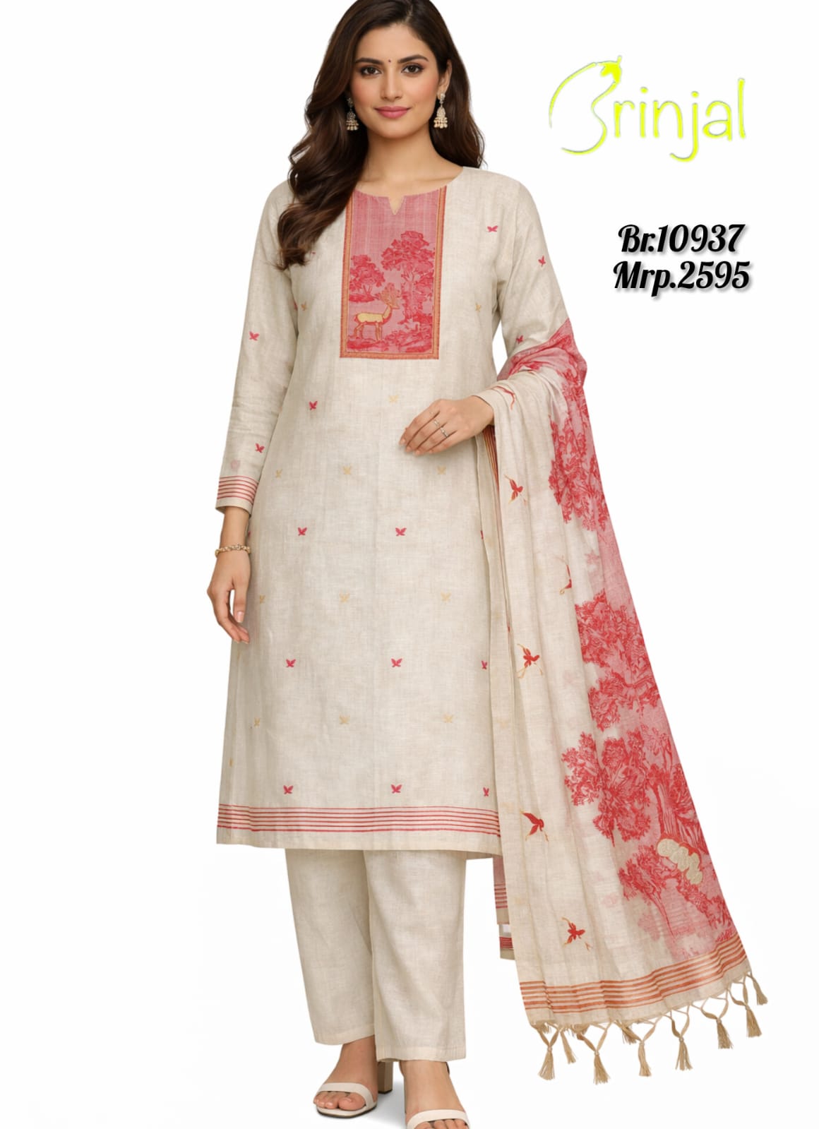 Elegant Chanderi Cotton Unstitched Suit Set – Beige & Coral