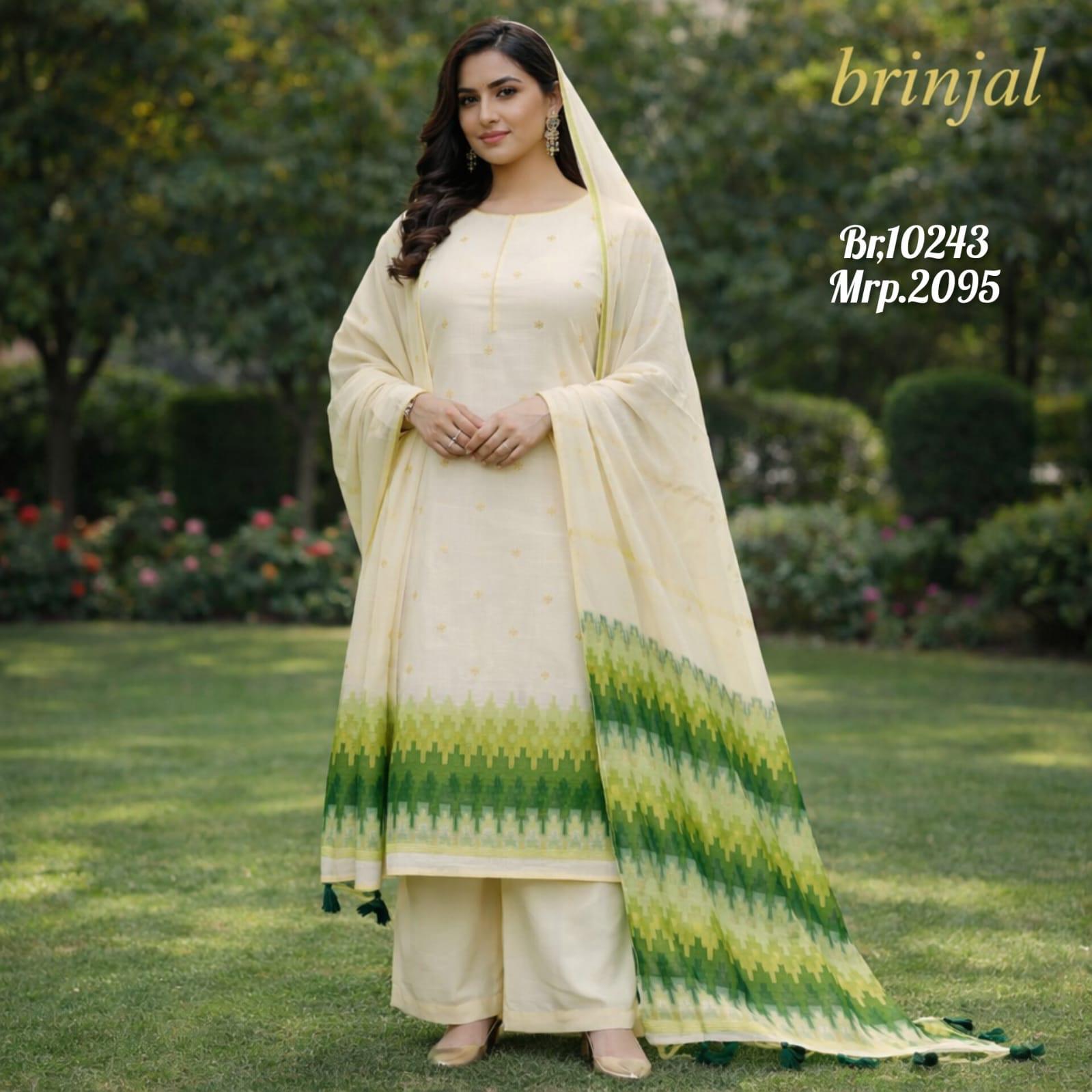 Brinjal Ivory Chanderi Cotton Unstitched Suit Set