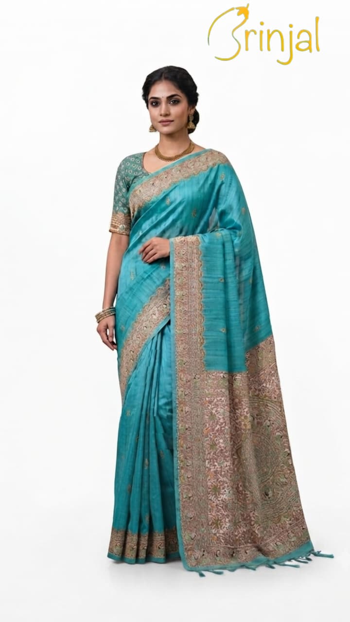 Teal Blue Embroidered Tussar Silk Saree