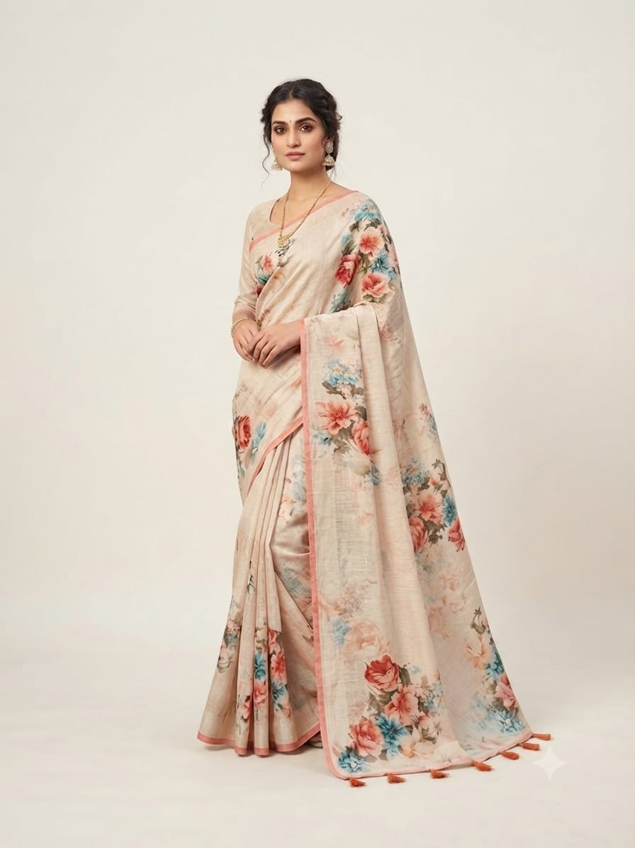 Pastel Floral Printed Chanderi Tussar Saree