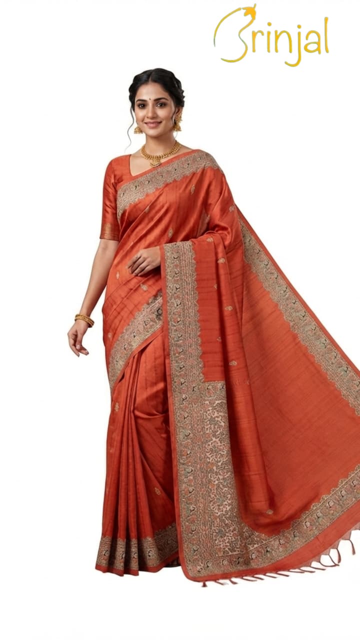 Teal Blue Embroidered Tussar Silk Saree