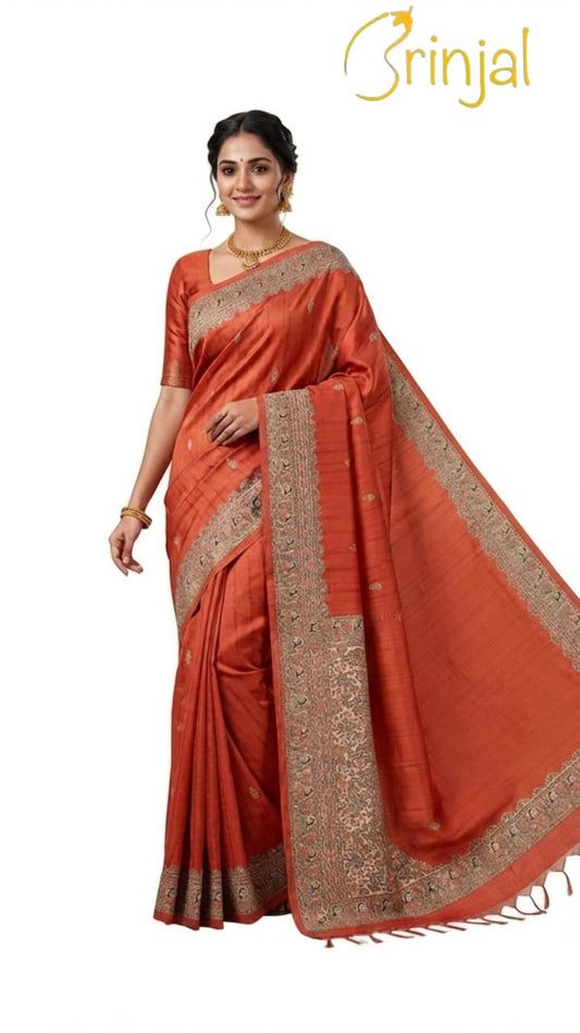 Teal Blue Embroidered Tussar Silk Saree