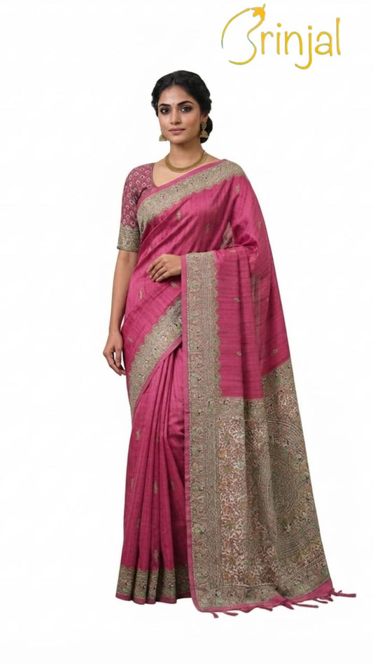 Teal Blue Embroidered Tussar Silk Saree