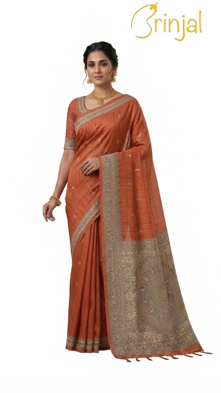 Teal Blue Embroidered Tussar Silk Saree