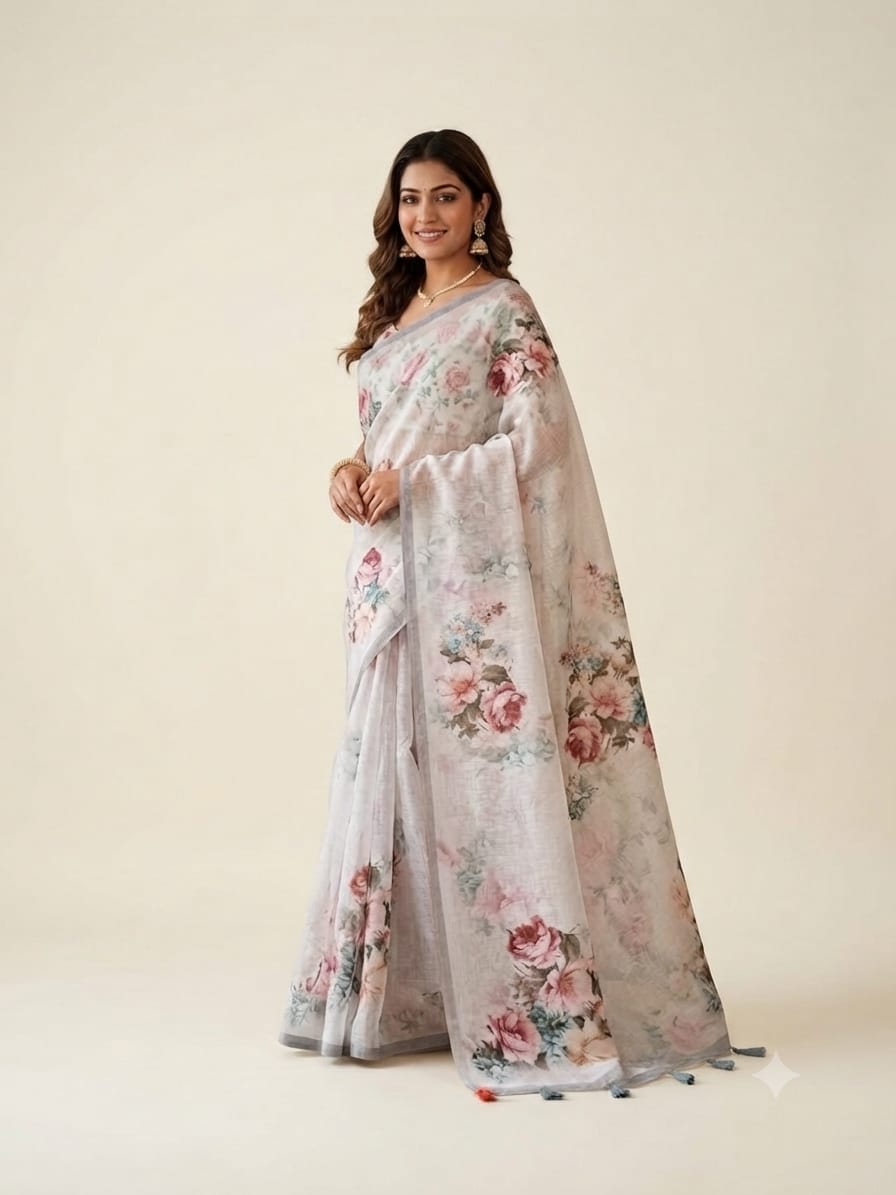 Pastel Floral Printed Chanderi Tussar Saree