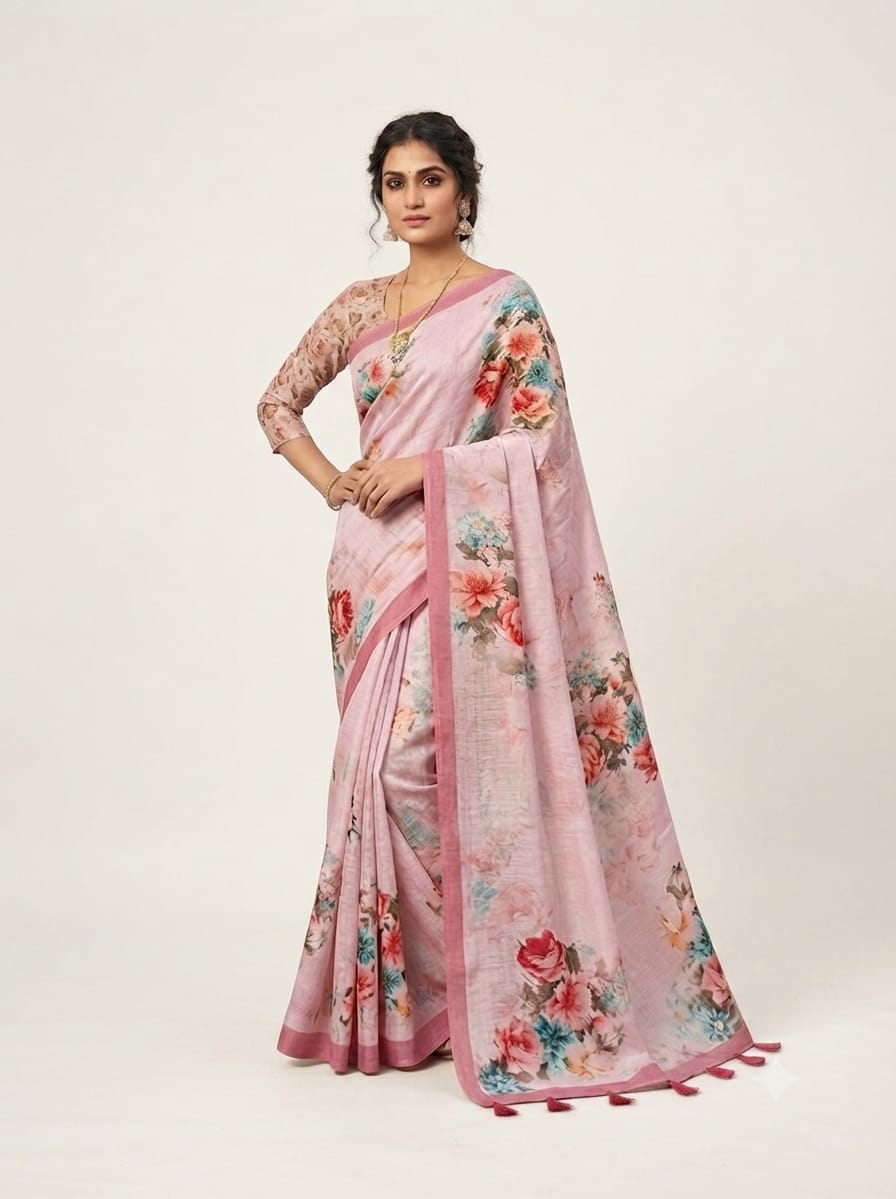 Pastel Floral Printed Chanderi Tussar Saree