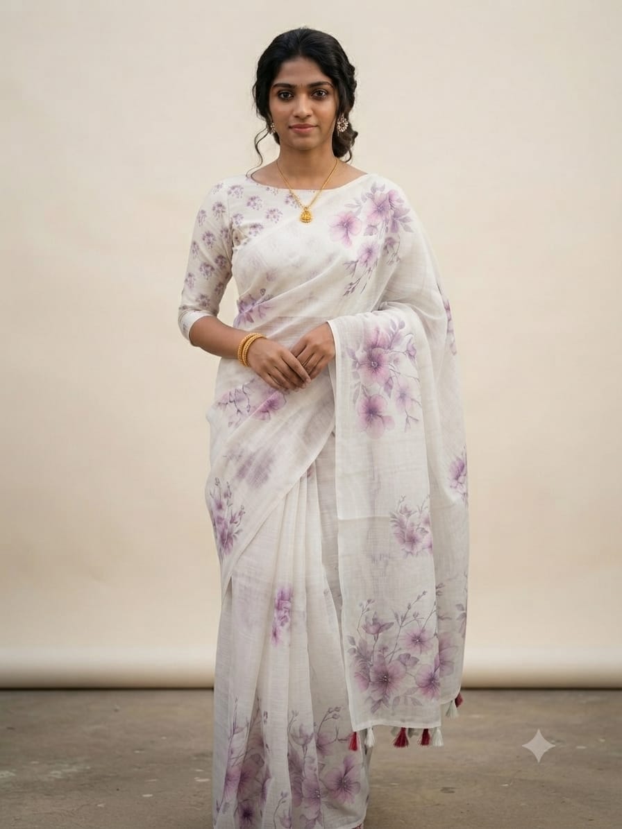 Sky Blue Flower Patterned Linen Slub Saree with Tassels