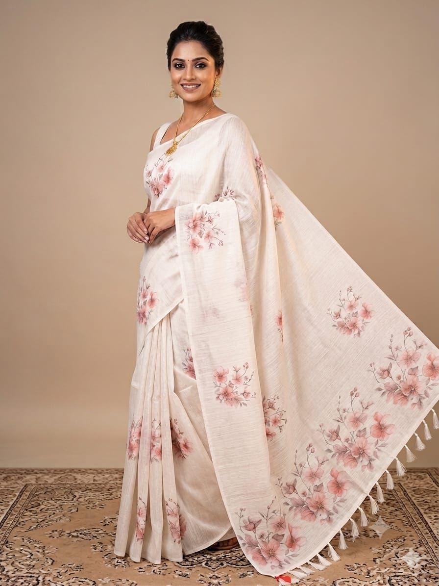Sky Blue Flower Patterned Linen Slub Saree with Tassels