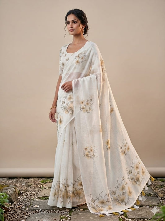 Sky Blue Flower Patterned Linen Slub Saree with Tassels