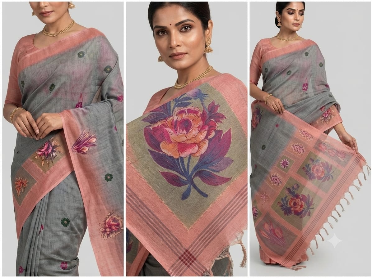 Grey Floral Chanderi Cotton Saree