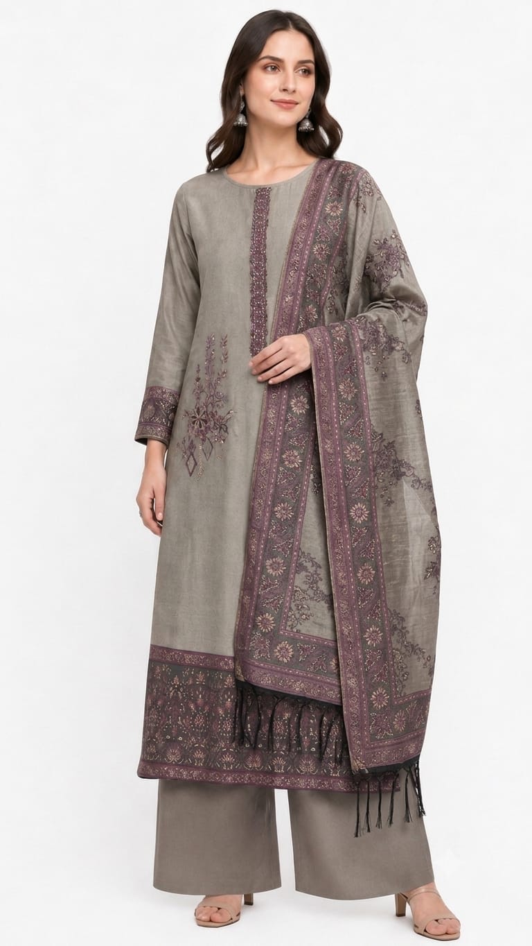 Slate Grey & Teal Woven Chanderi Unstitched Suit Set
