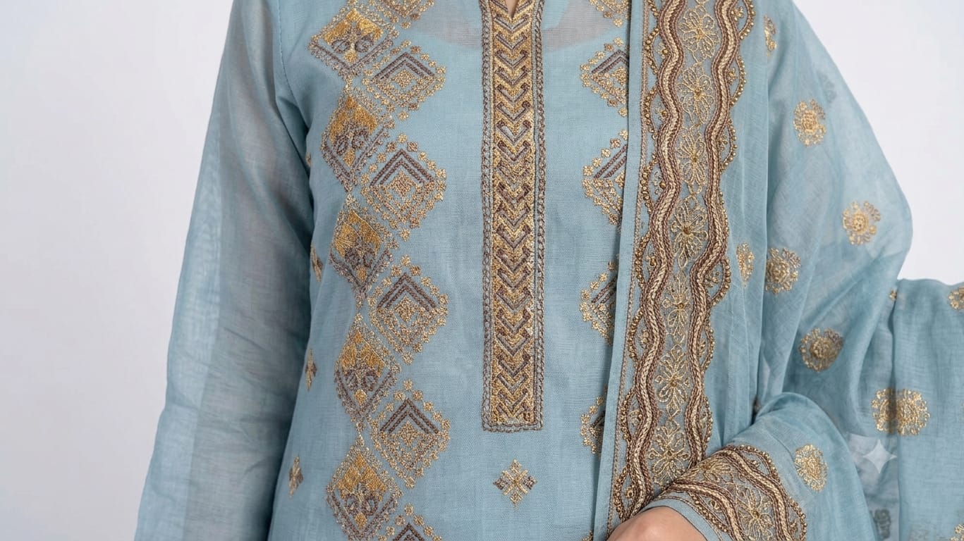 Brinjal Powder Blue Embroidered Cotton Silk 3-Piece Suit