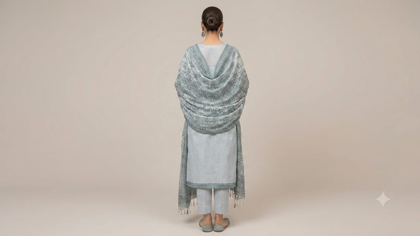 Woven Cotton Silk Suit Set in Dusty Blue