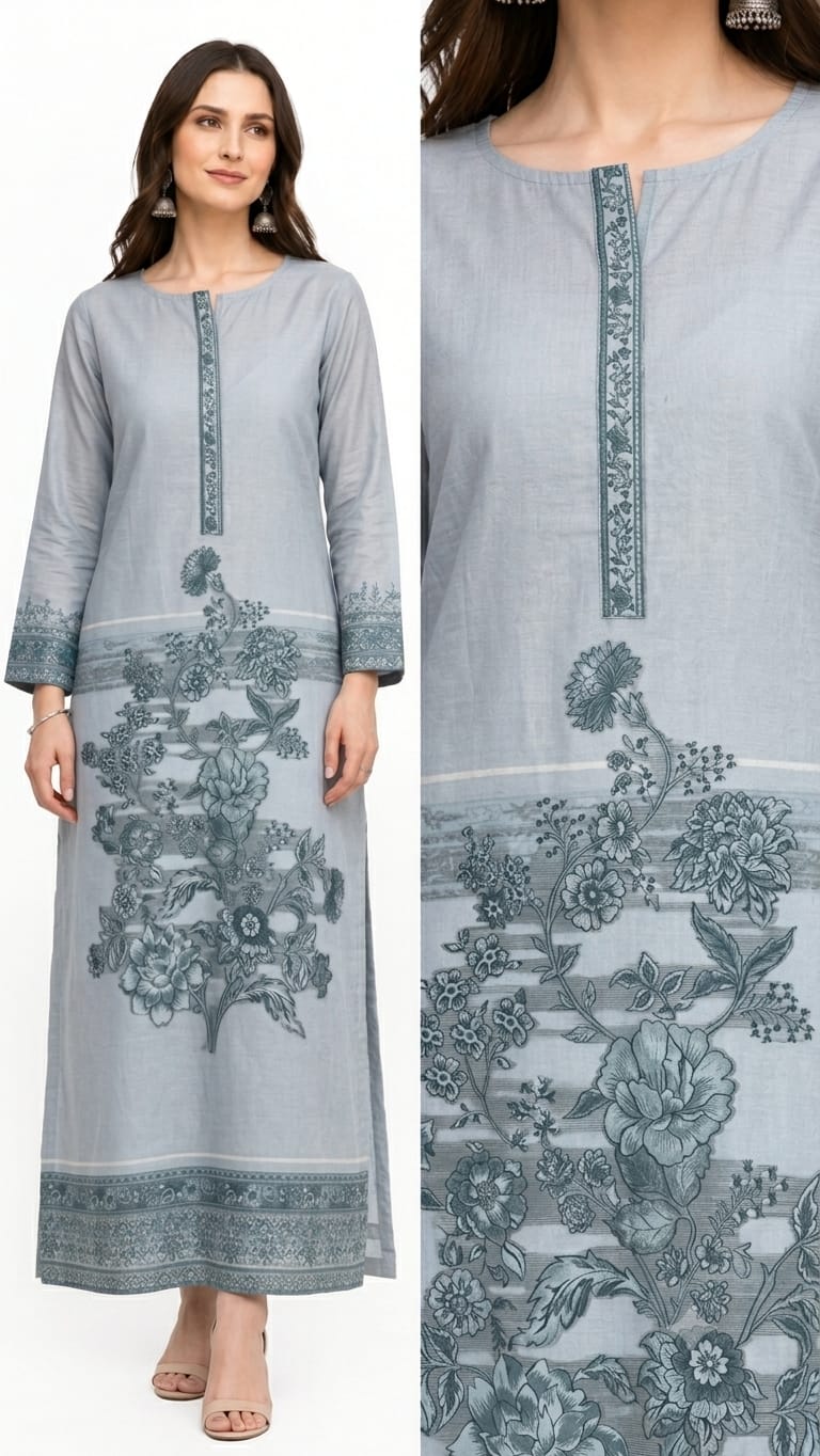 Woven Cotton Silk Suit Set in Dusty Blue